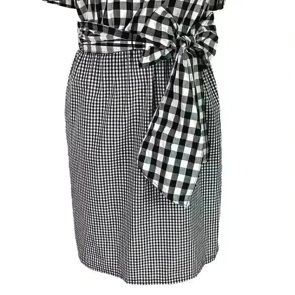 Calvin Klein Dress Women 4 Black White One Shoulder Flounce Cotton Blend Gingham - Picture 4 of 8